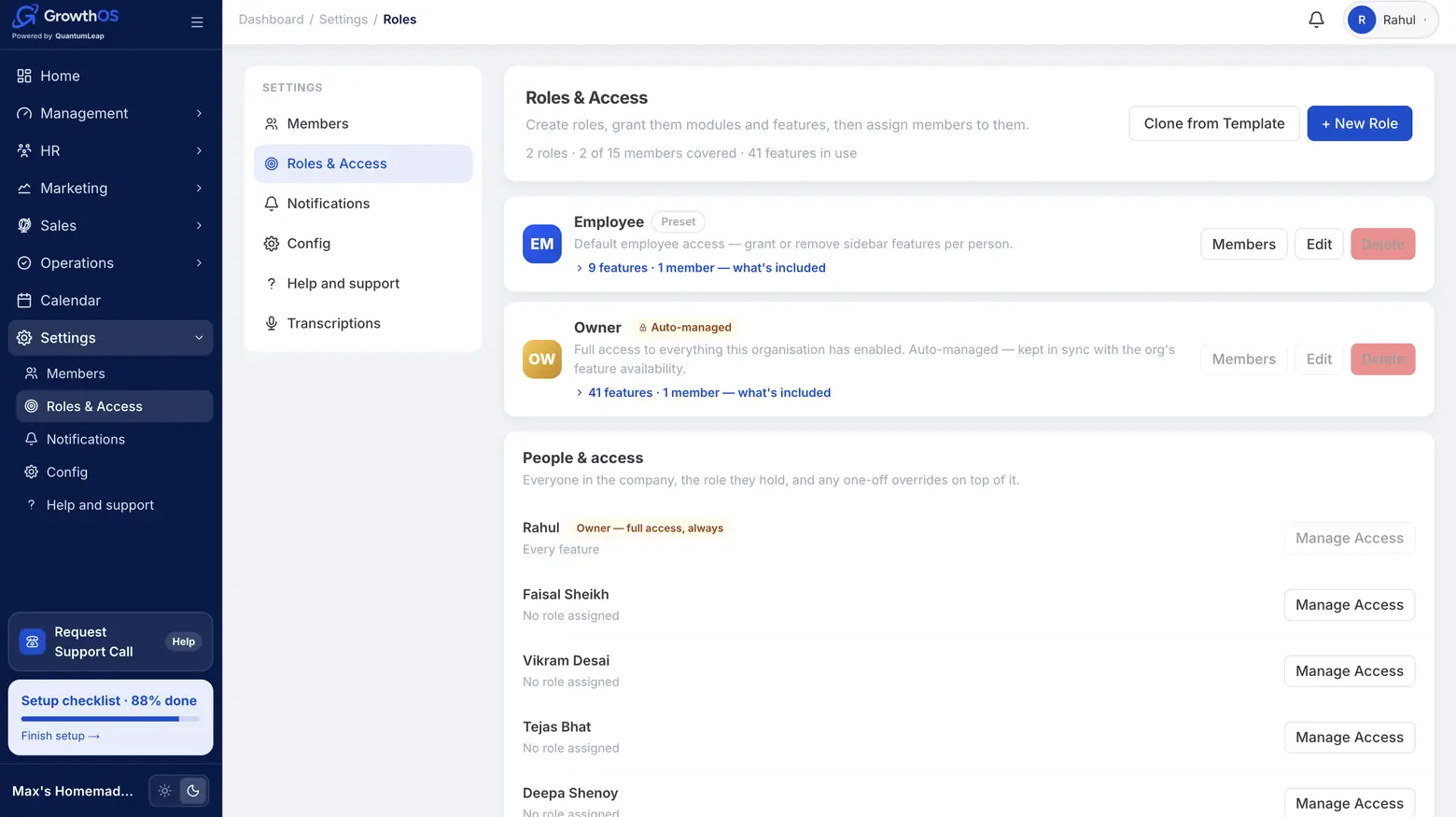 GrowthOS Settings — roles and access