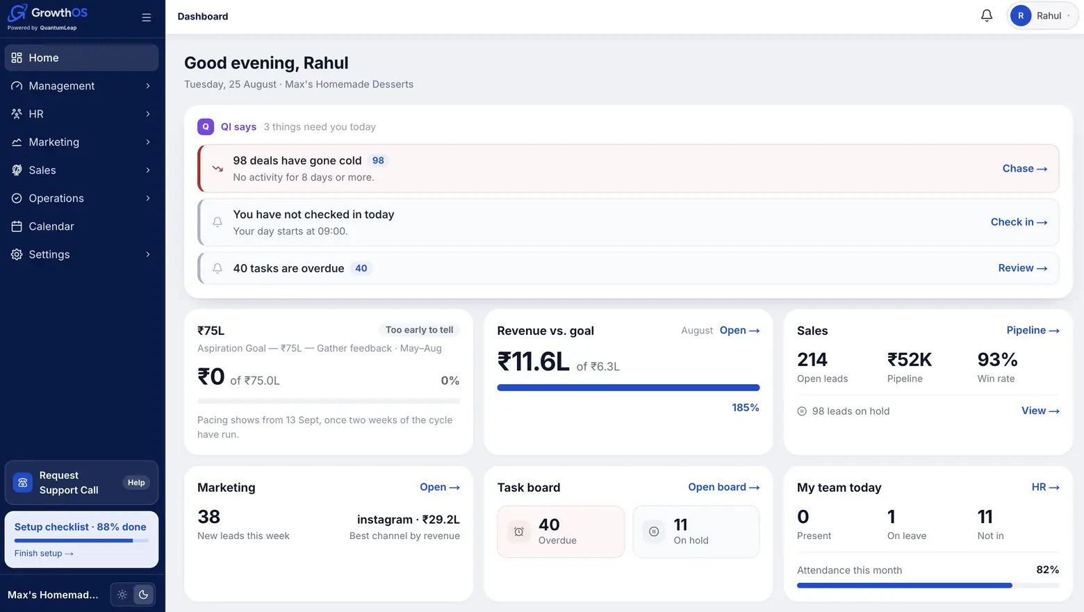 GrowthOS Home — owner dashboard